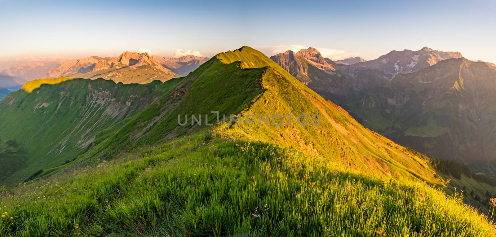 Fantastic sunset tour on the beautiful panoramic mountain Hoferspitze near Schrocken in the Allgau Alps, Kleinwalsertal