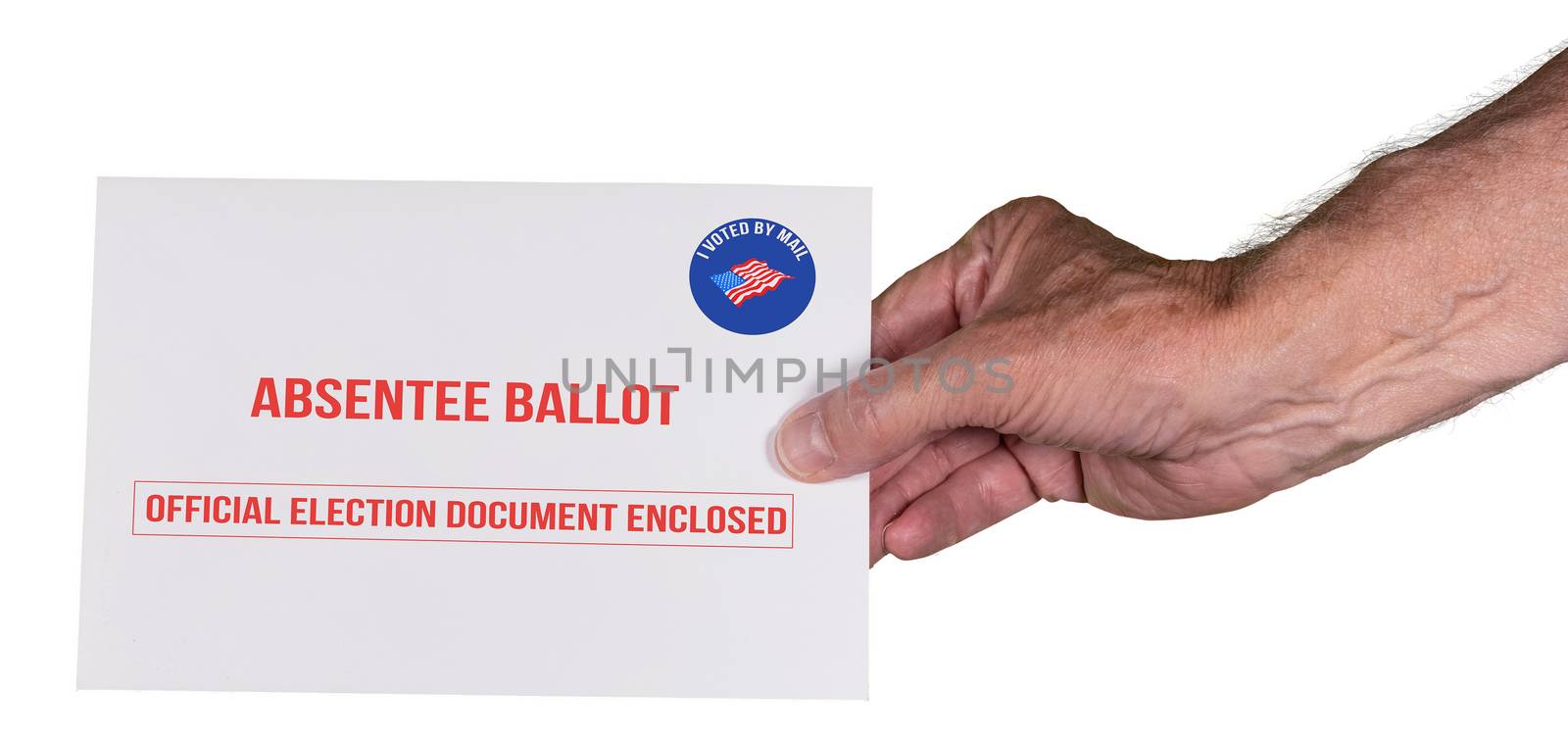 Absentee ballot or vote by mail envelope being handed by senior caucasian hand by steheap