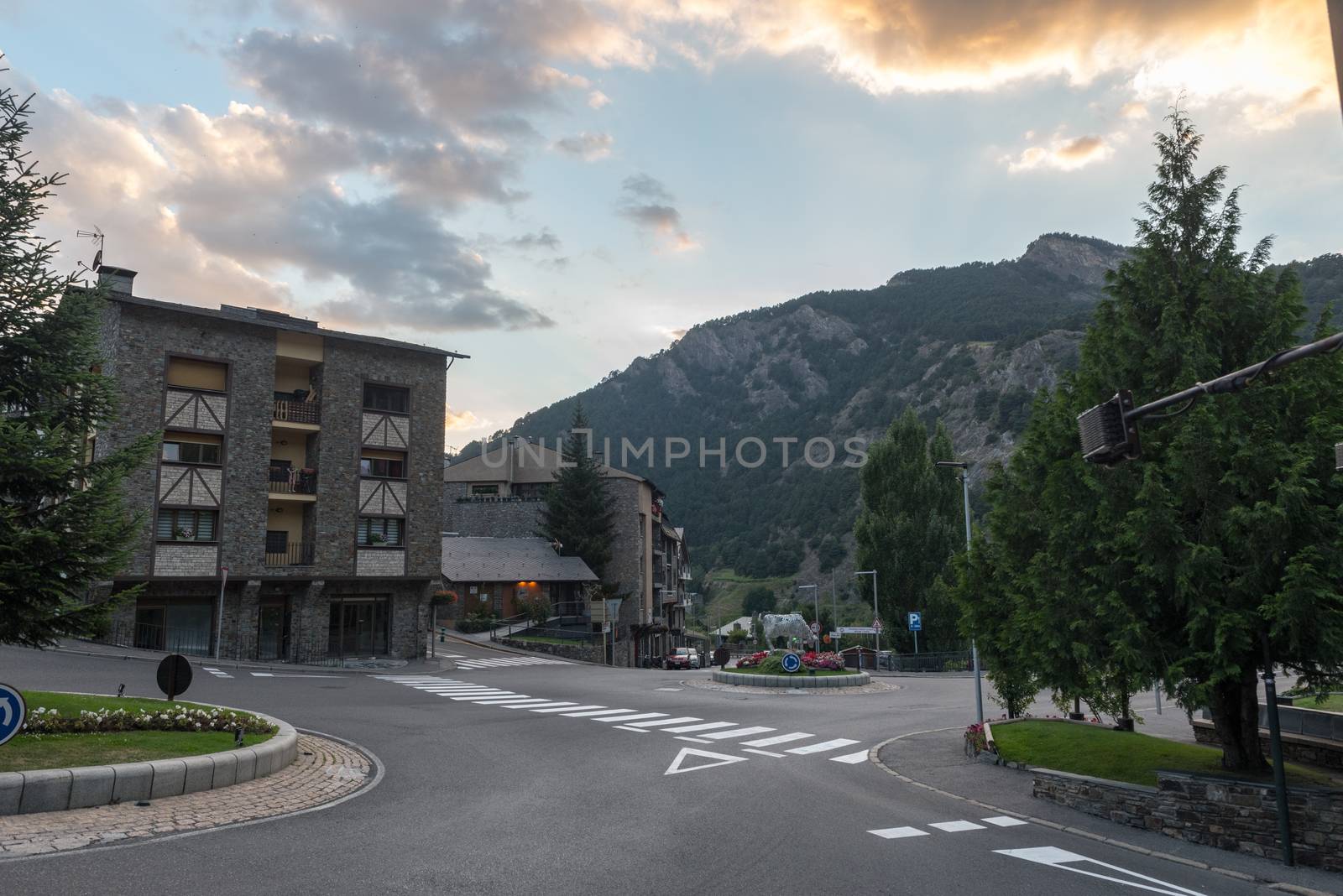 Ordino, Andorra: 26 August 2020: Cityscape in Ordino in the Valira del Orient river in Cami Ral in summer in Andorra.