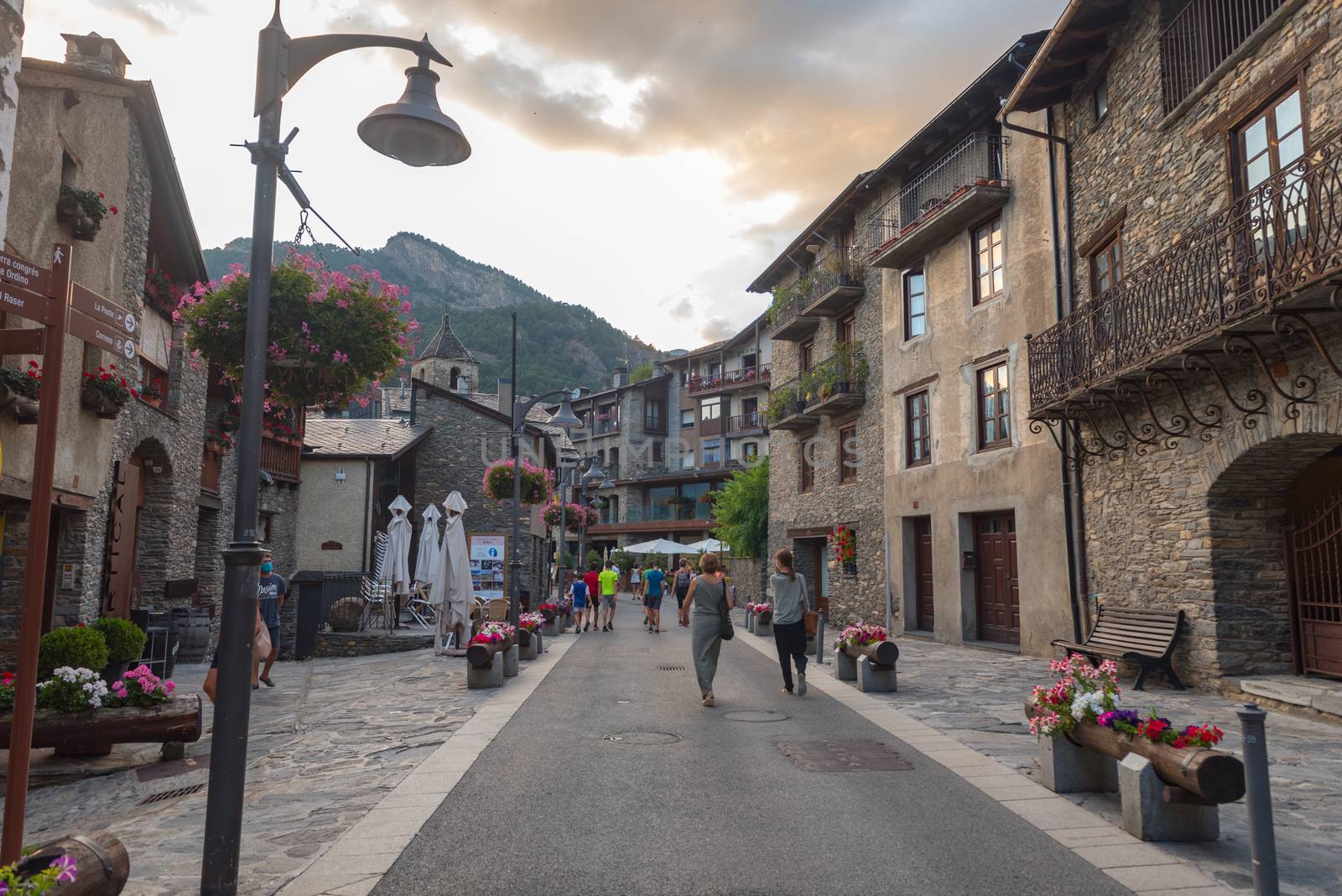 Ordino, Andorra: 26 August 2020: Cityscape in Ordino in the Valira del Orient river in Cami Ral in summer in Andorra.