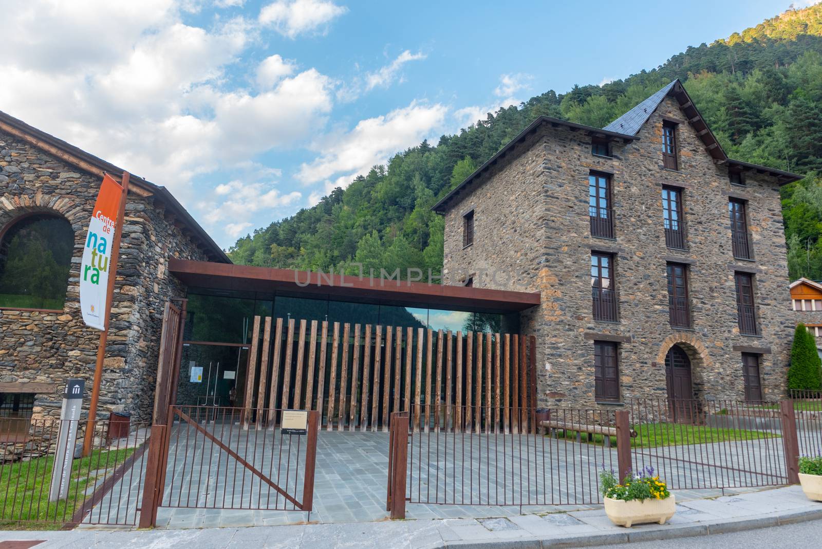 La Cortinada, Andorra: 26 August 2020: Centre de Natura in the Valira del Orient river in Cami Ral in summer in Andorra.