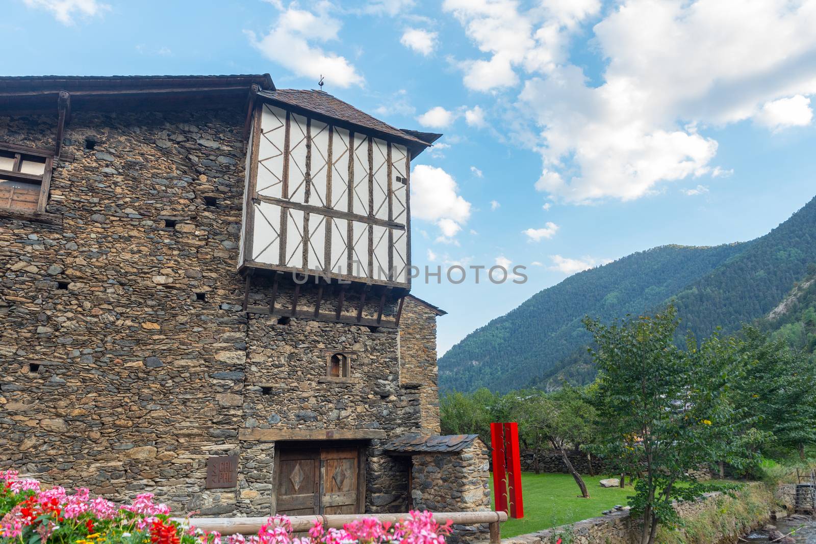 Ordino, Andorra: 26 August 2020: Cal Pal Hotel in the Valira del Orient river in Cami Ral in summer in Andorra.