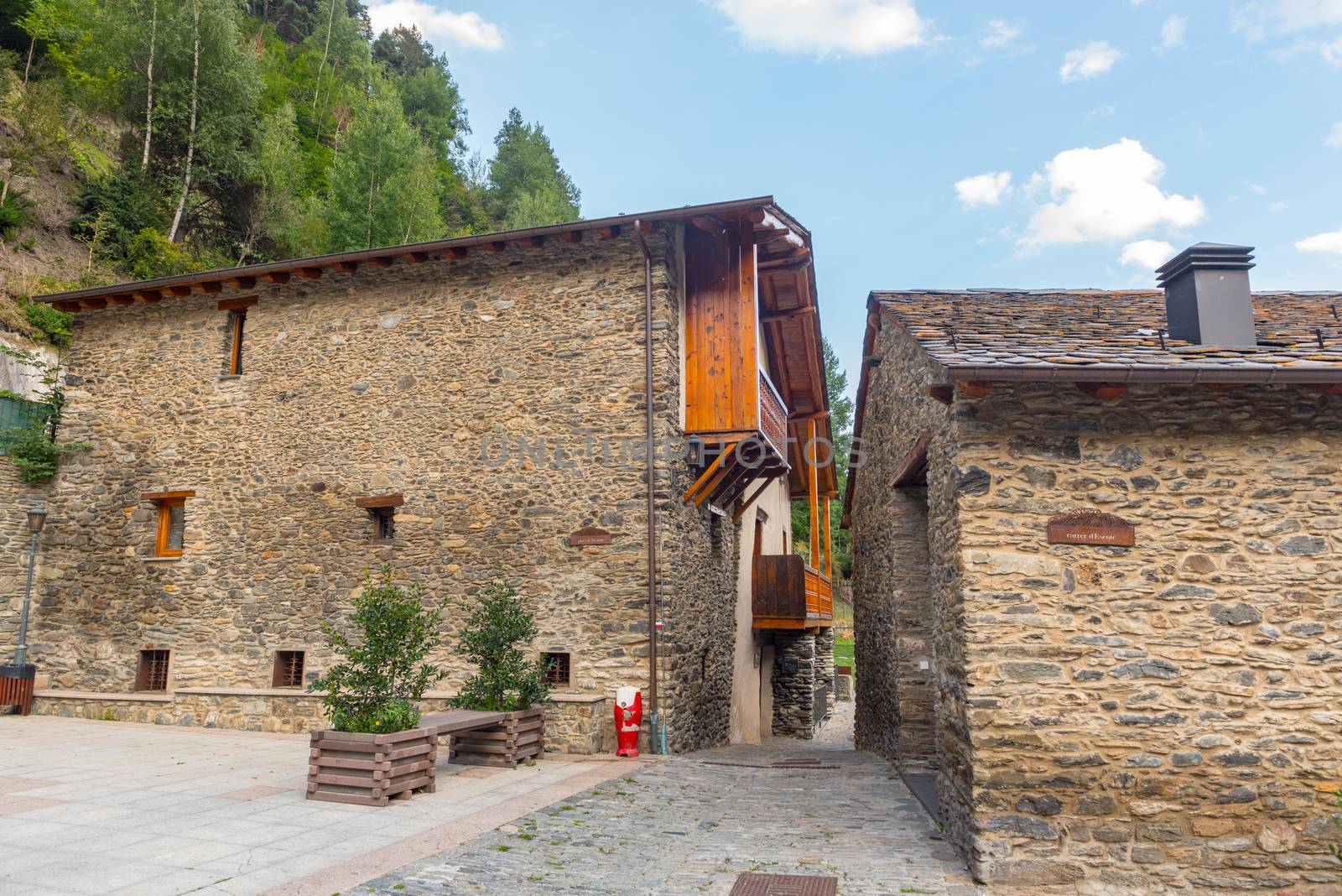 La Cortinada, Andorra: 26 August 2020: Cityscape in La Cortinada in the Valira del Orient river in Cami Ral in summer in Andorra.