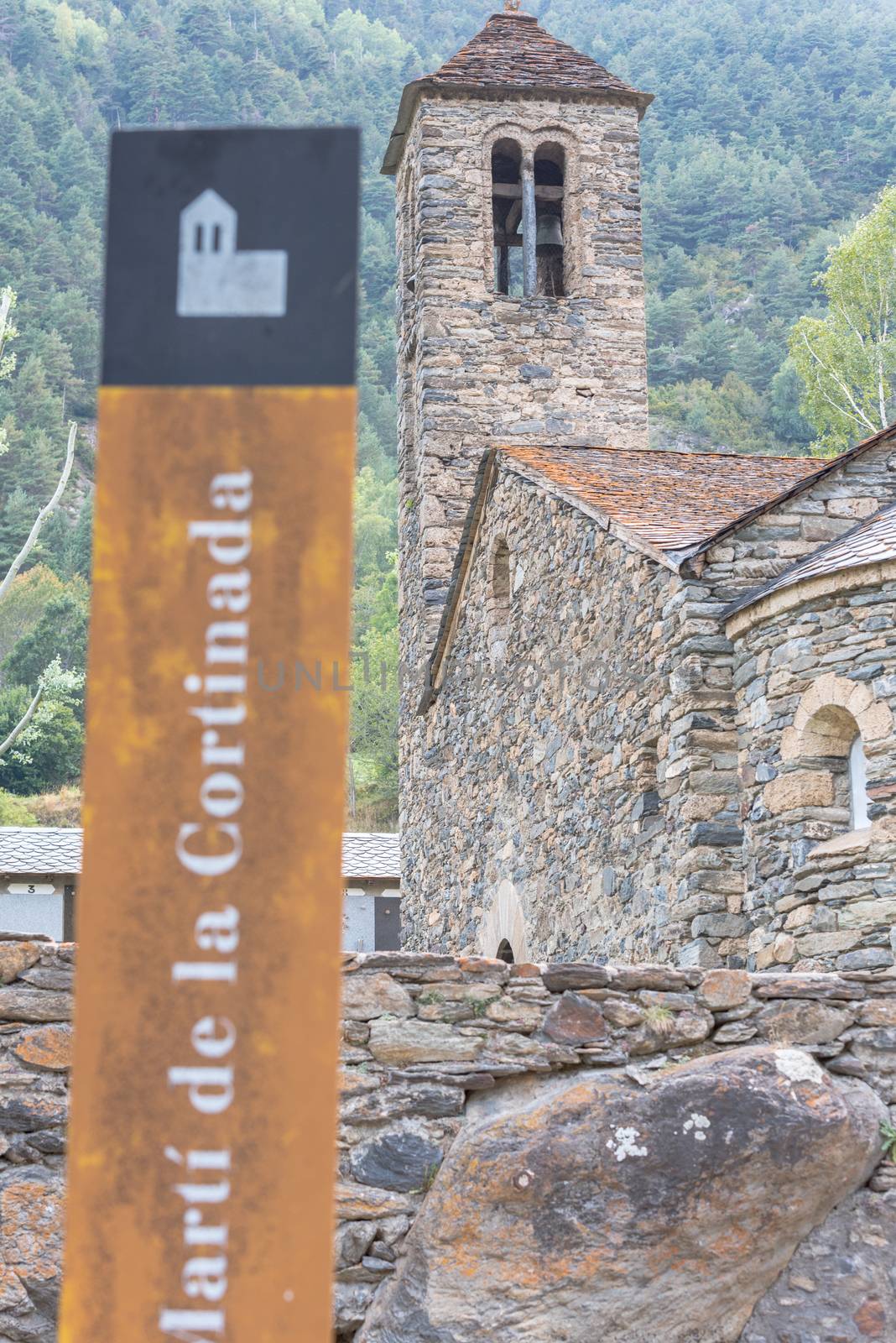 Ordino, Andorra: 26 August 2020: Church of Sant Marti de la Cortinada, Ordino, Andorra in Summer.