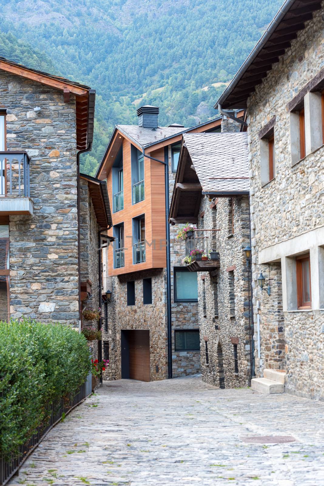 La Cortinada, Andorra: 26 August 2020: Cityscape in La Cortinada in the Valira del Orient river in Cami Ral in summer in Andorra.