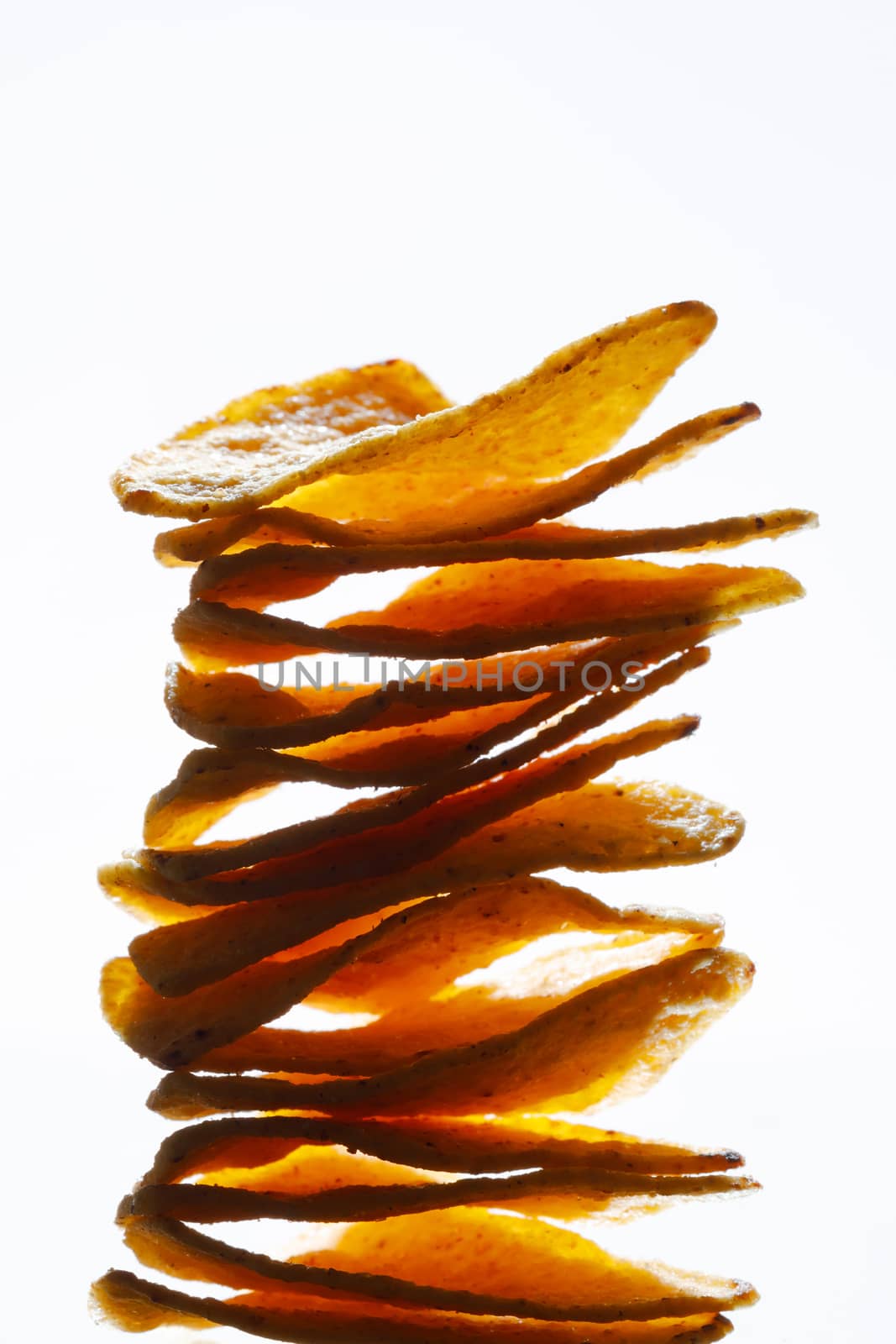 mexican nachos tortilla chips stack on white background by nikkytok