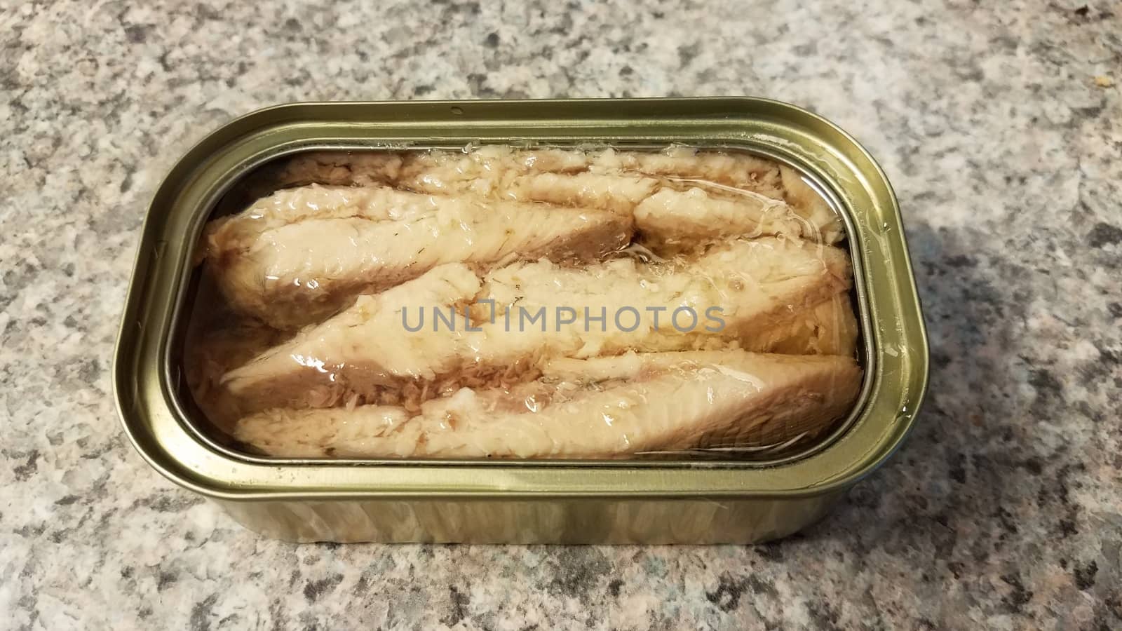 can of sardine fish with oil on counter by stockphotofan1