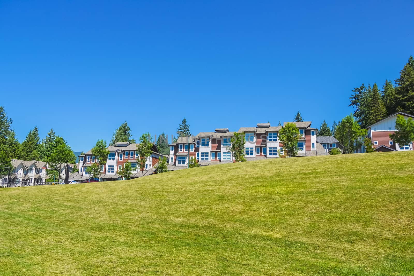 Row of new townhouses on top of the hill on sunny day in British Columbia