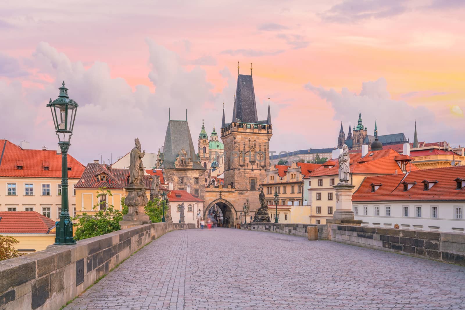 Famous iconic image of Charles bridge and Prague city skyline in Czech Republic