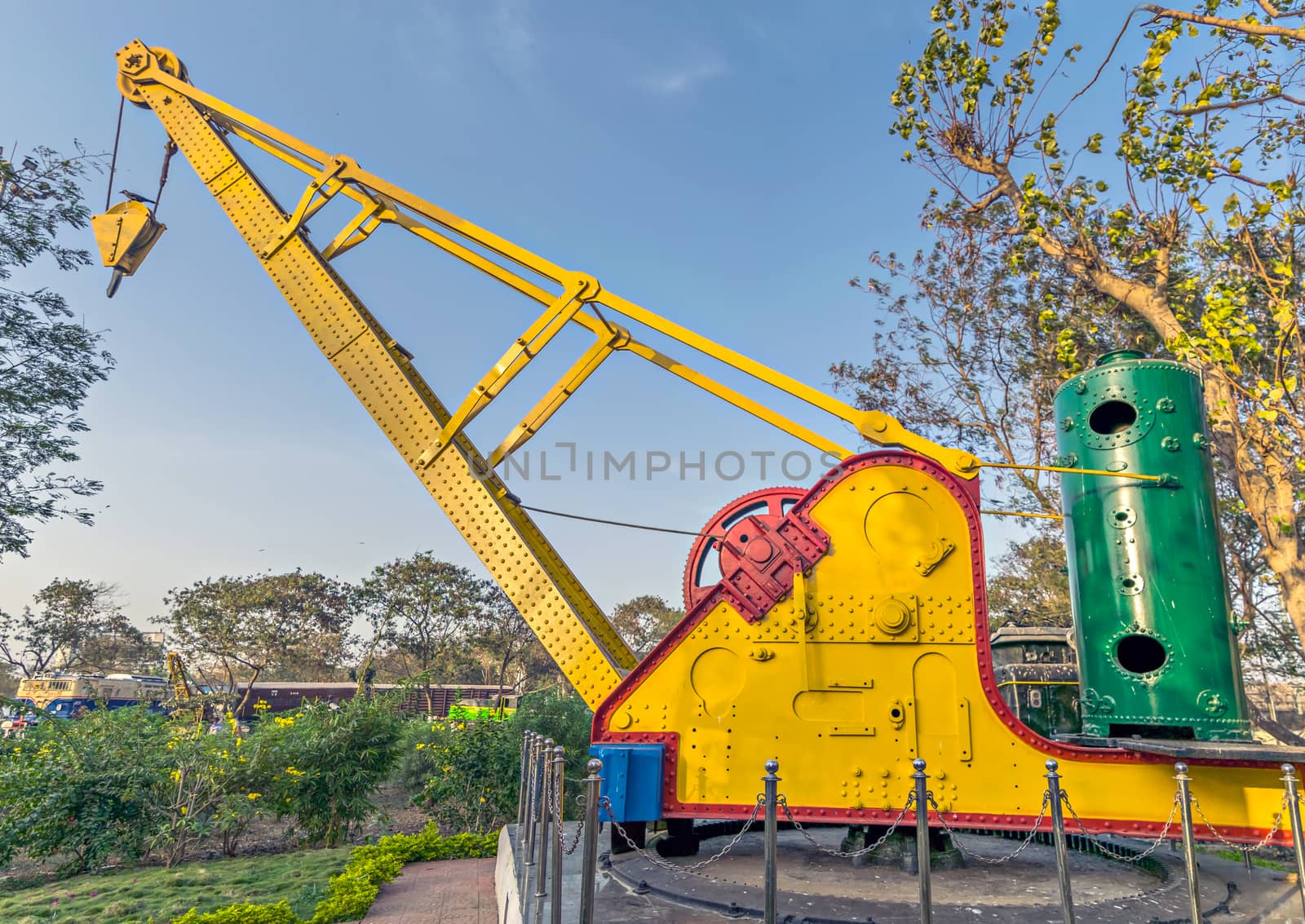 Ancient,heritage steam operated railway crane displayed at railway museum, Mumbai. by lalam