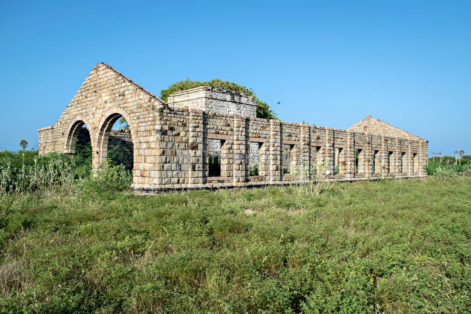 Remains of old heritage stone structure of abandoned steam locomotive shed in Mandapam,Tamil Nadu,India.