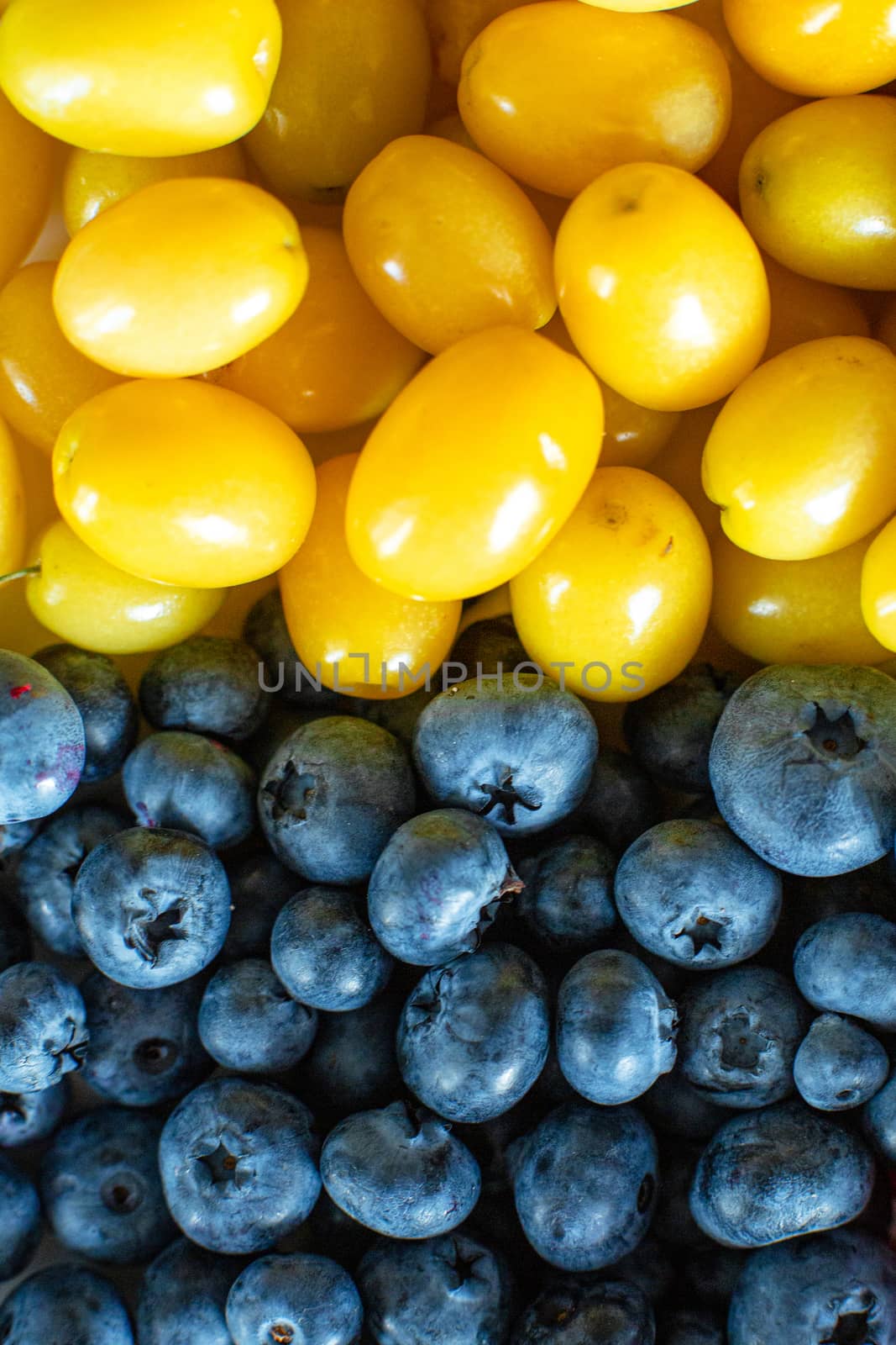 Mix of yellow and blue berries. Summer mick fruit. Berry layout.