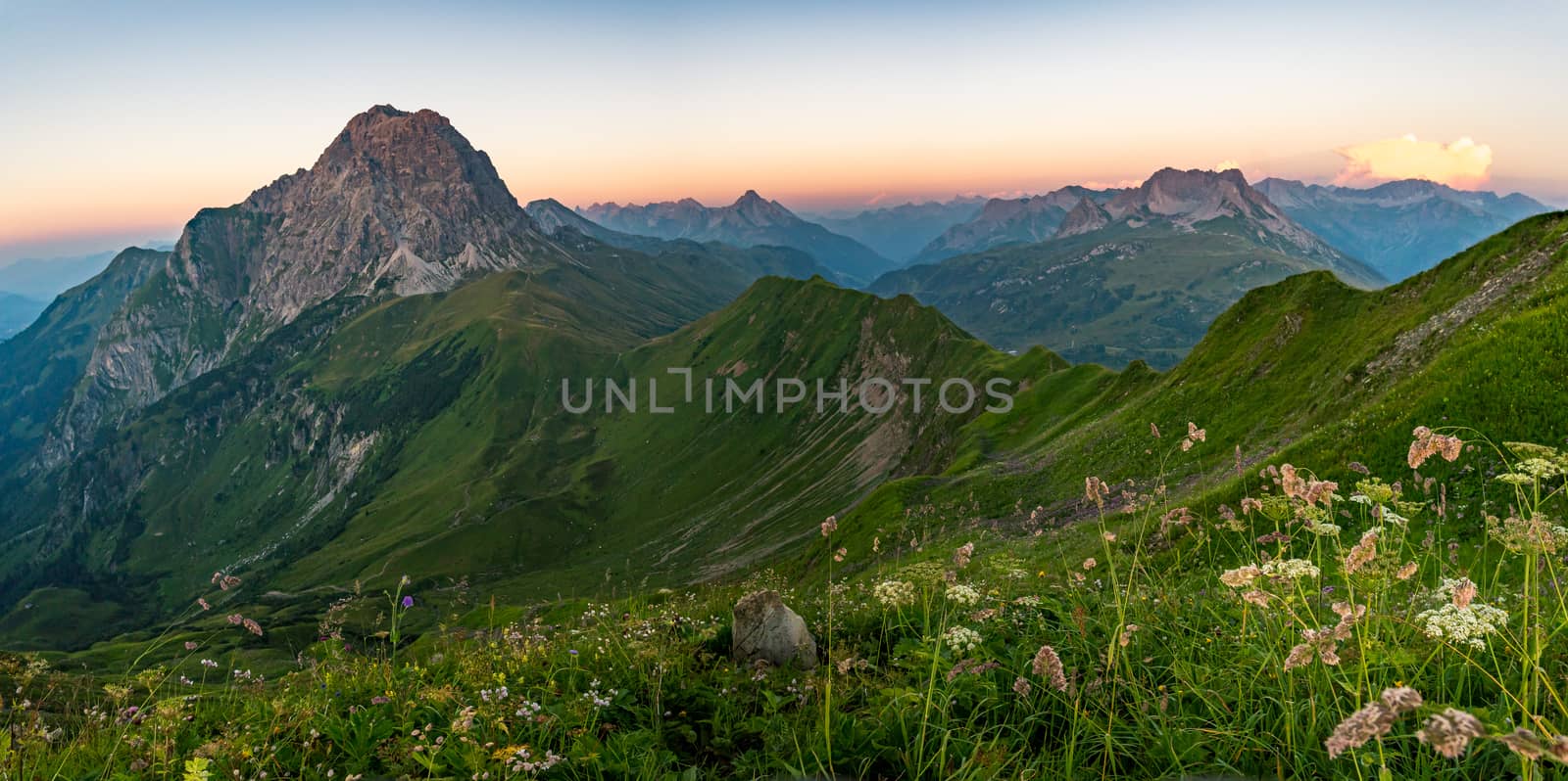 Fantastic sunset tour on the beautiful panoramic mountain Hoferspitze near Schrocken in the Allgau Alps, Kleinwalsertal