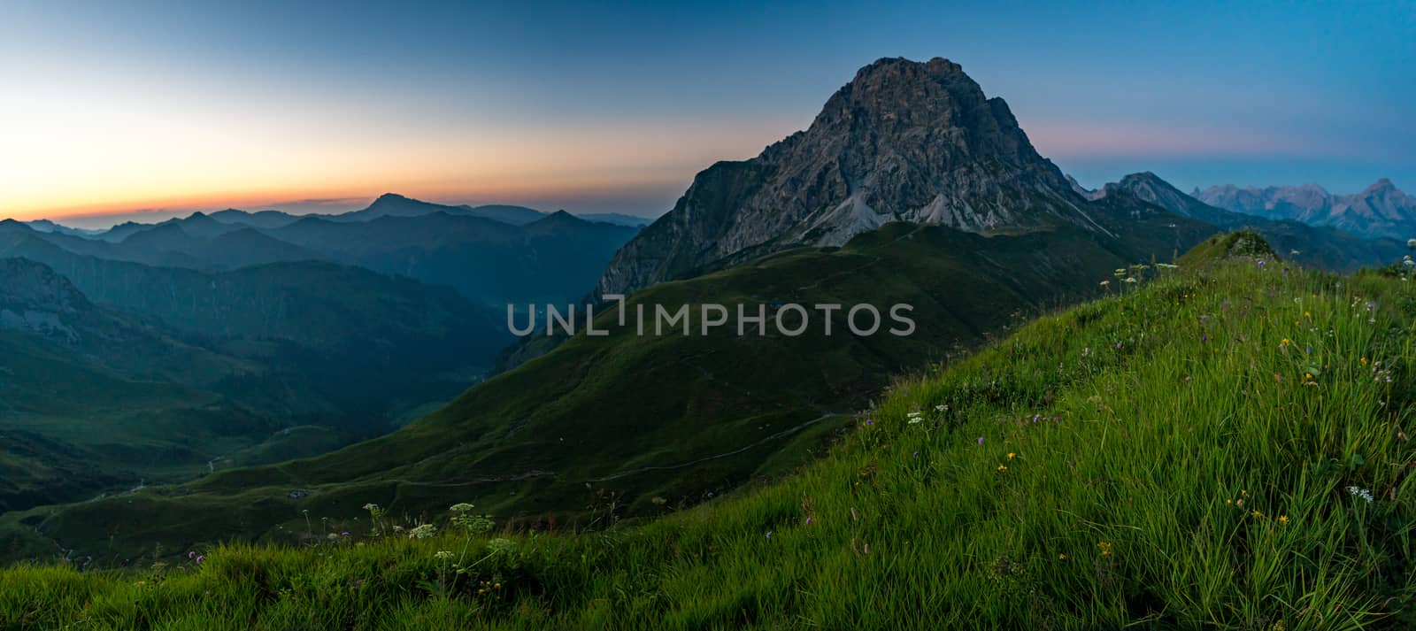 Fantastic sunset tour on the beautiful panoramic mountain Hoferspitze near Schrocken in the Allgau Alps, Kleinwalsertal