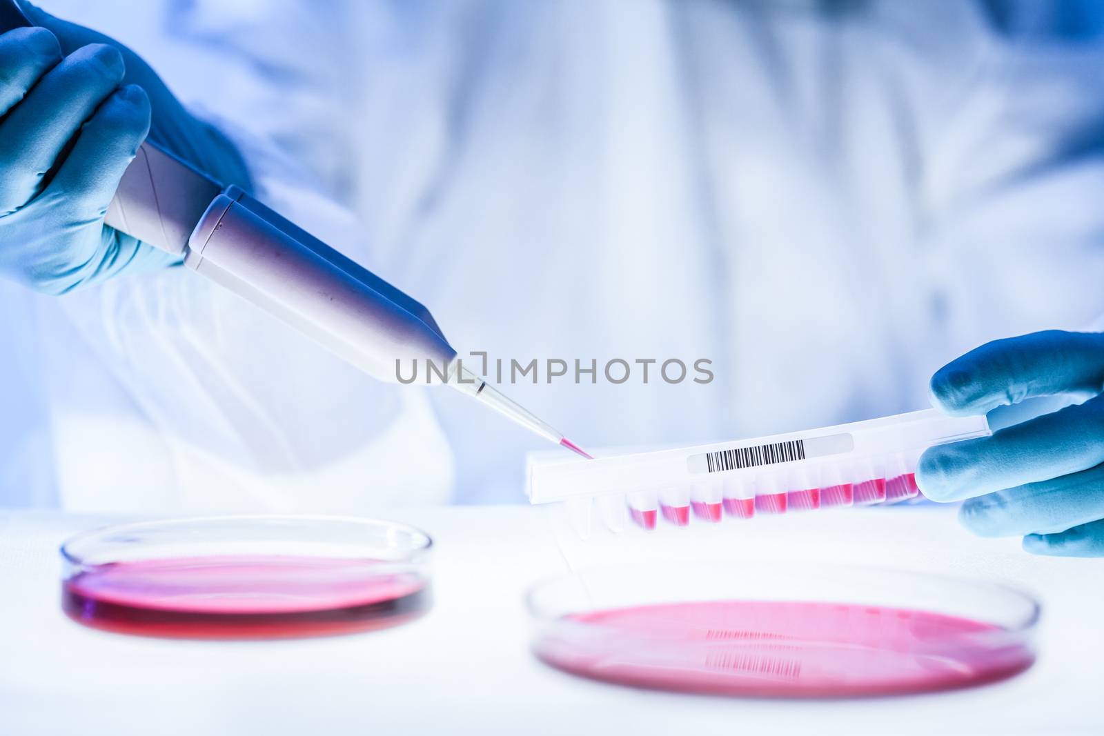 Detail of scientist working in the corona virus vaccine development laboratory research with a highest degree of protection gear. by kasto