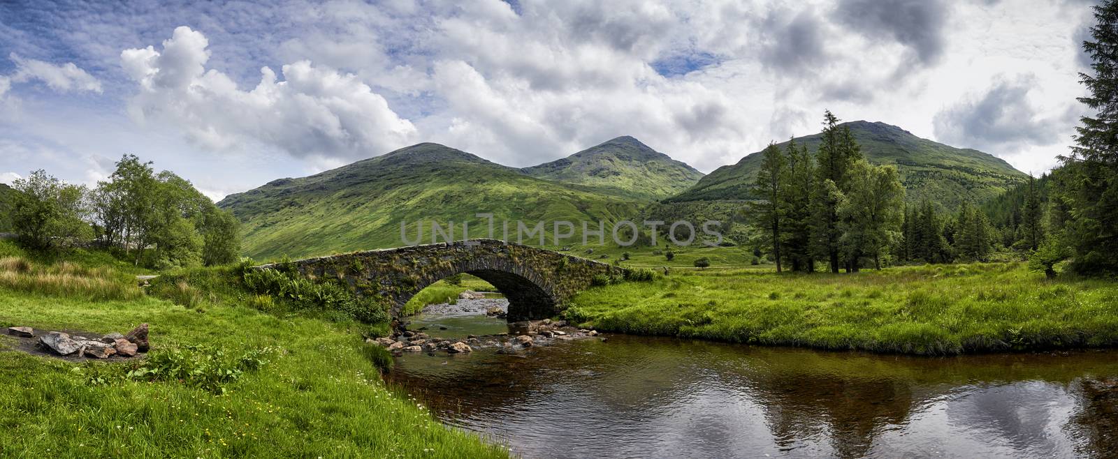 Panoramic view of Butter Bridge over Kinglas Water in the Loch Lomond National Park,Scotland