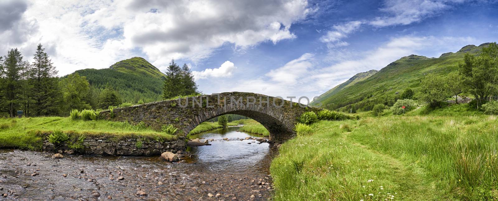 Panoramic view of Butter Bridge over Kinglas Water in the Loch Lomond National Park,Scotland