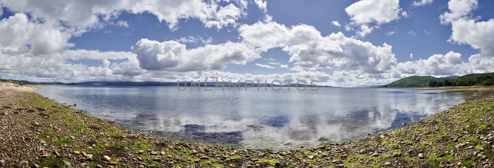 Panoramic view from waters edge of Loch Glip on the West Coast of Scotland