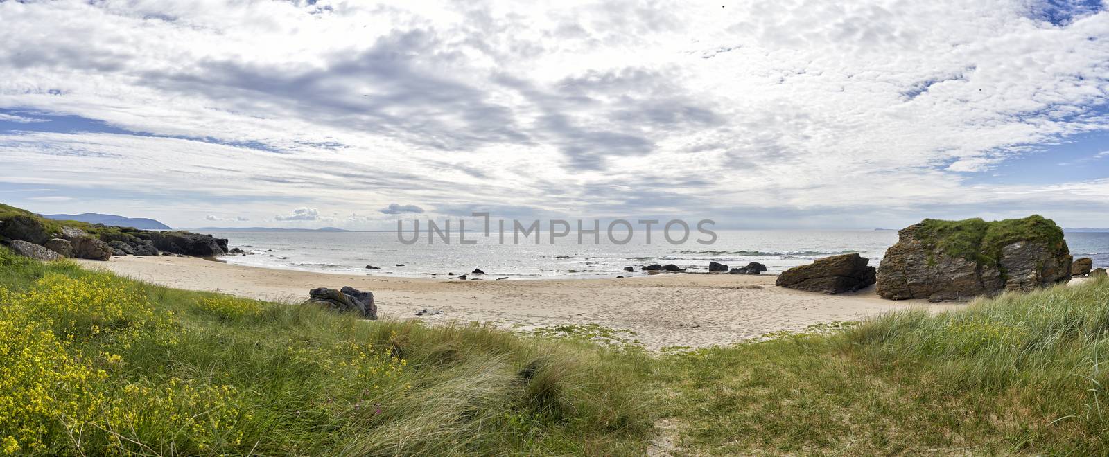 Panoramic view of beach looking out to sea on the West coast of Scotland surrounded by rocks,grass and flowers