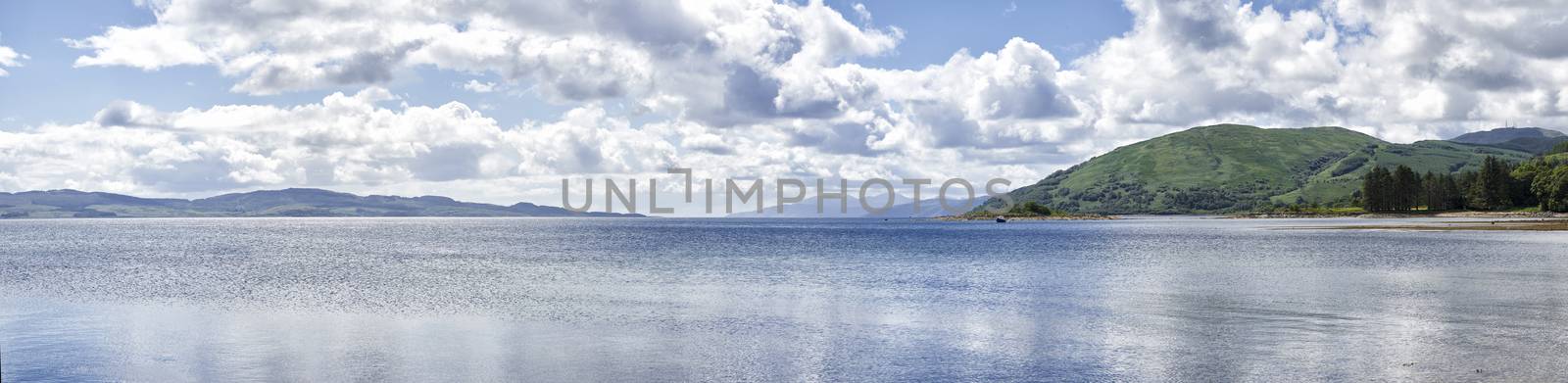 Panoramic view from waters edge of Loch Glip on the West Coast of Scotland