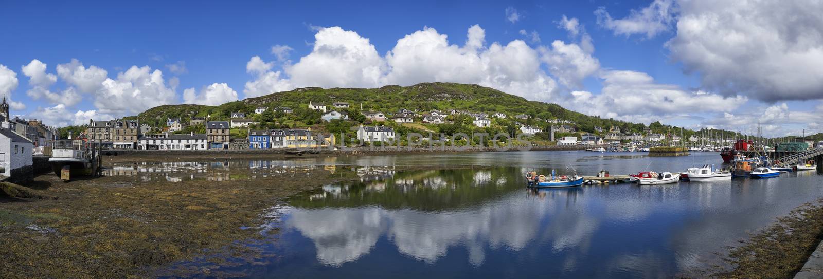 Panoramic view of Tarbert harbour on the West coast of Scotland