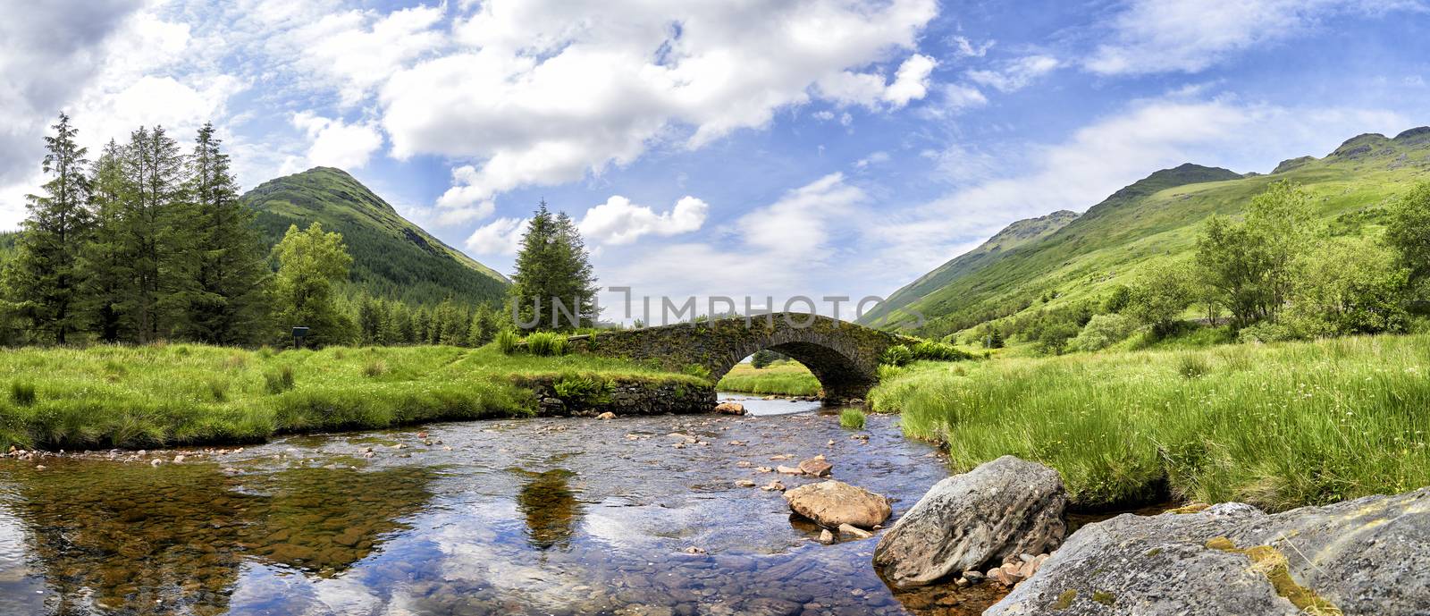 Panoramic view of Butter Bridge over Kinglas Water in the Loch Lomond National Park,Scotland