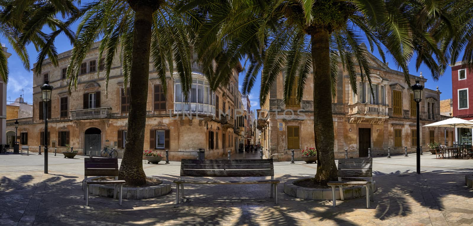 Panoramic view of bench underneath palm trees in Ciutadella,Menorca with traditional streets in background