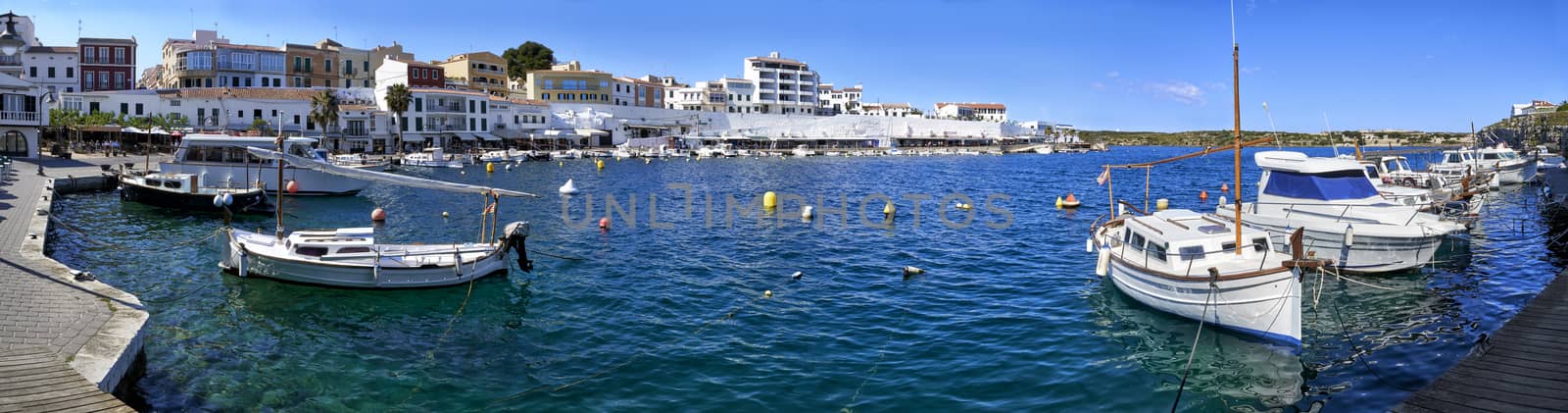Panoramic view of Boats moored in Es Castell harbour, Menorca