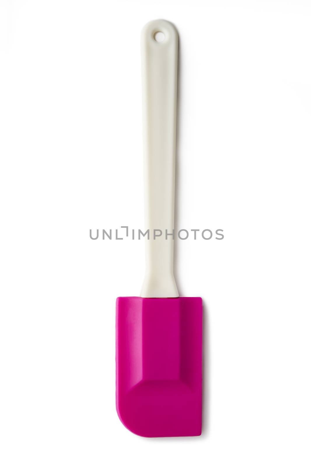 Overhead view of pink plastic spatula isolated on white background