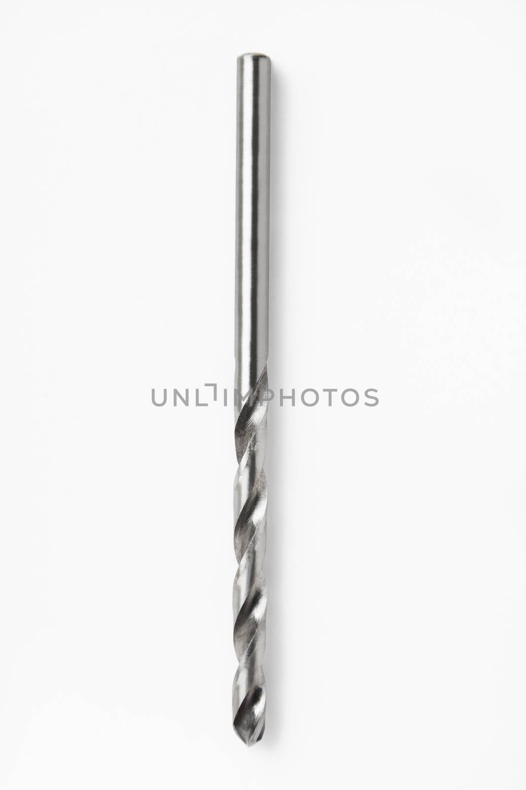 Overhead view of metal brill bit isolated on white background