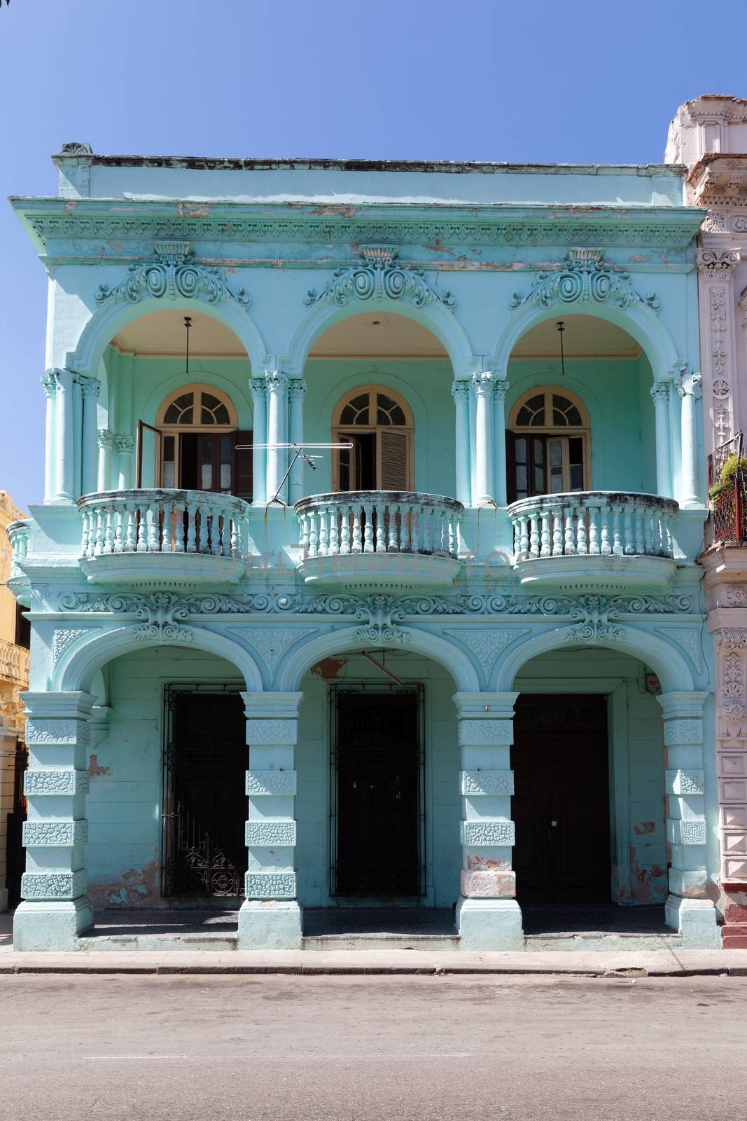 Havana, Cuba - 8 February 2015: Example of colonial architecture at Passeo Marti with balconies and arches