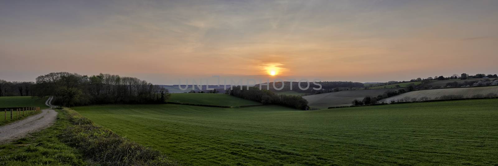 Panoramic view of landscape overlooking fields at sunset in The Chilterns, England