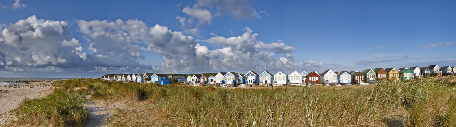 Panoramic view of Beach Huts overlooking beach and sea in Mudeford,Dorset