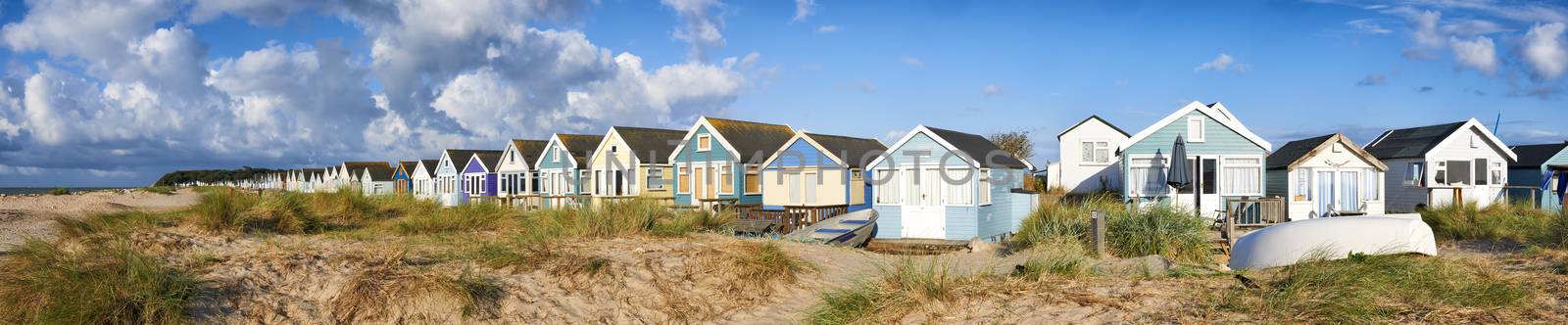 Panoramic view of Beach Huts overlooking beach and sea in Mudeford,Dorset