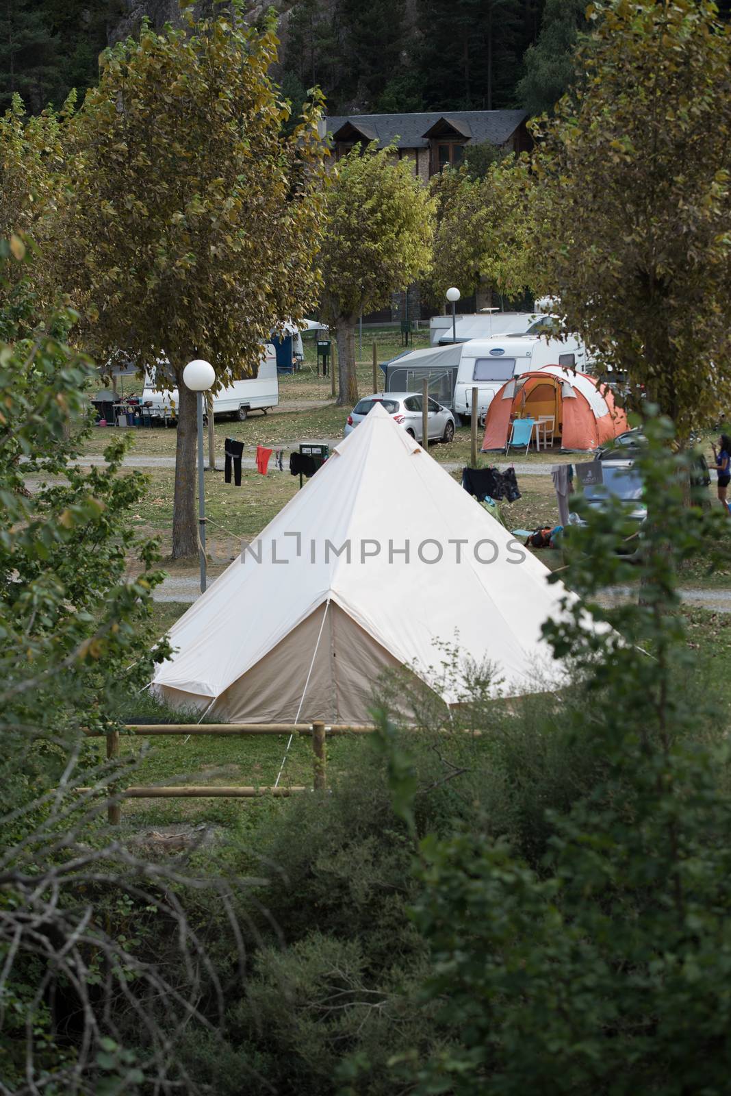 Ordino, Andorra: 26 August 2020: Camping in the Valira del Orient river in Cami Ral in summer in Andorra.