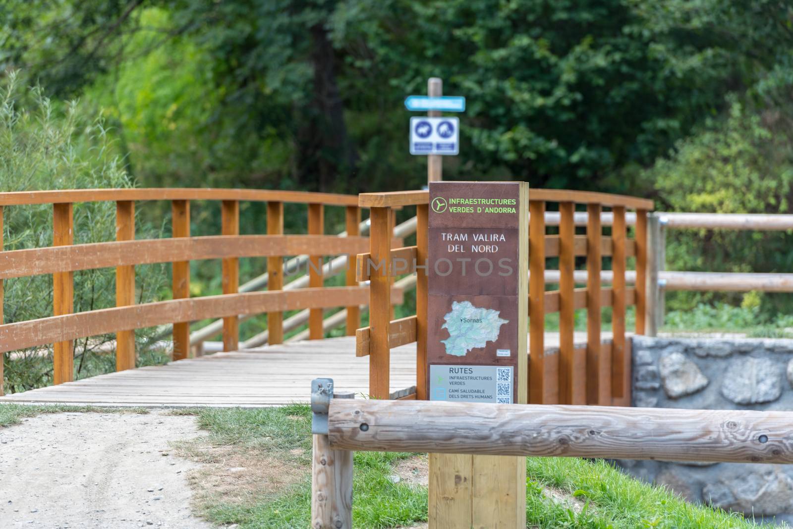 Ordino, Andorra: 26 August 2020: Bridge on the Valira del Orient river in Cami Ral in summer in Andorra.