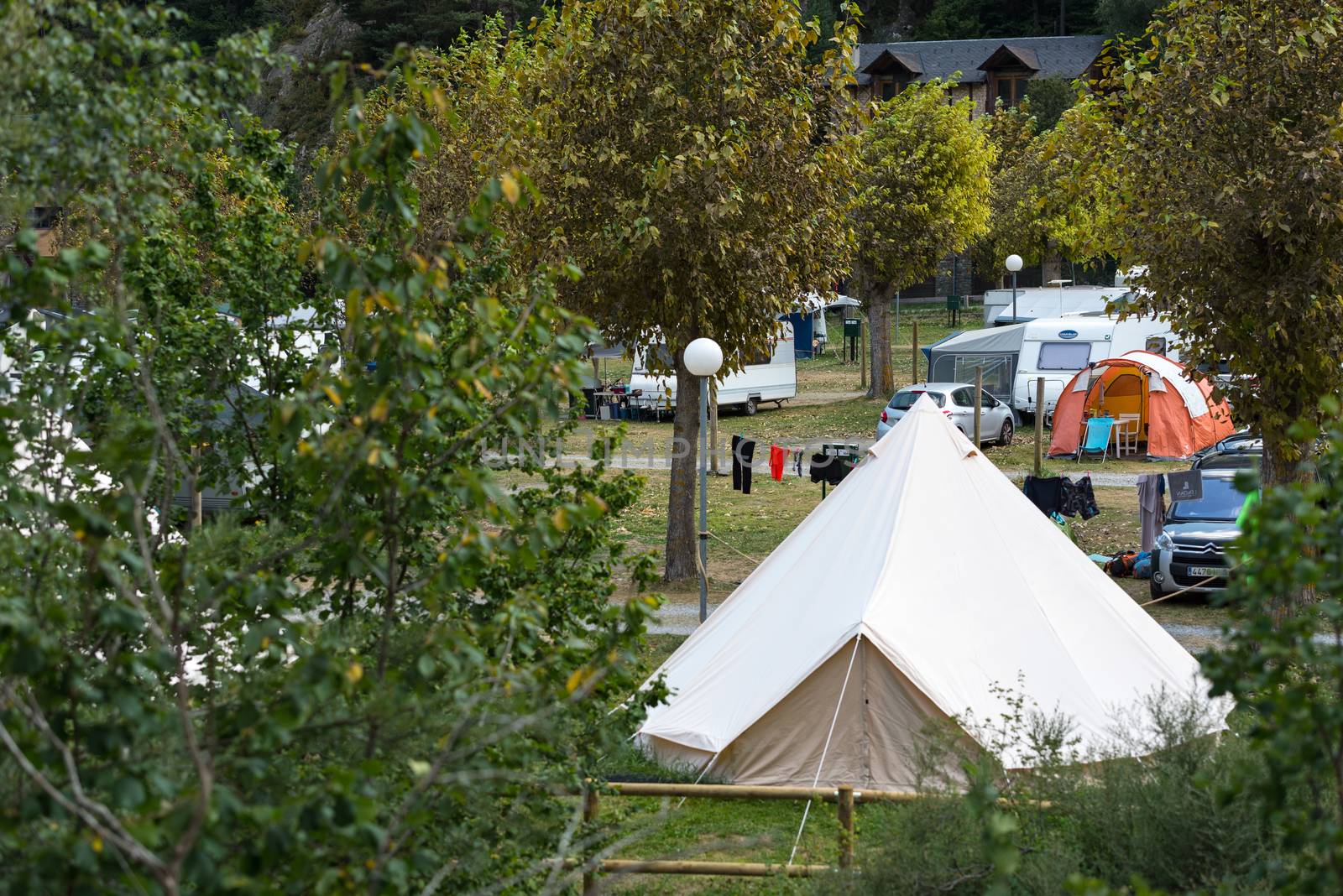 Ordino, Andorra: 26 August 2020: Camping in the Valira del Orient river in Cami Ral in summer in Andorra.