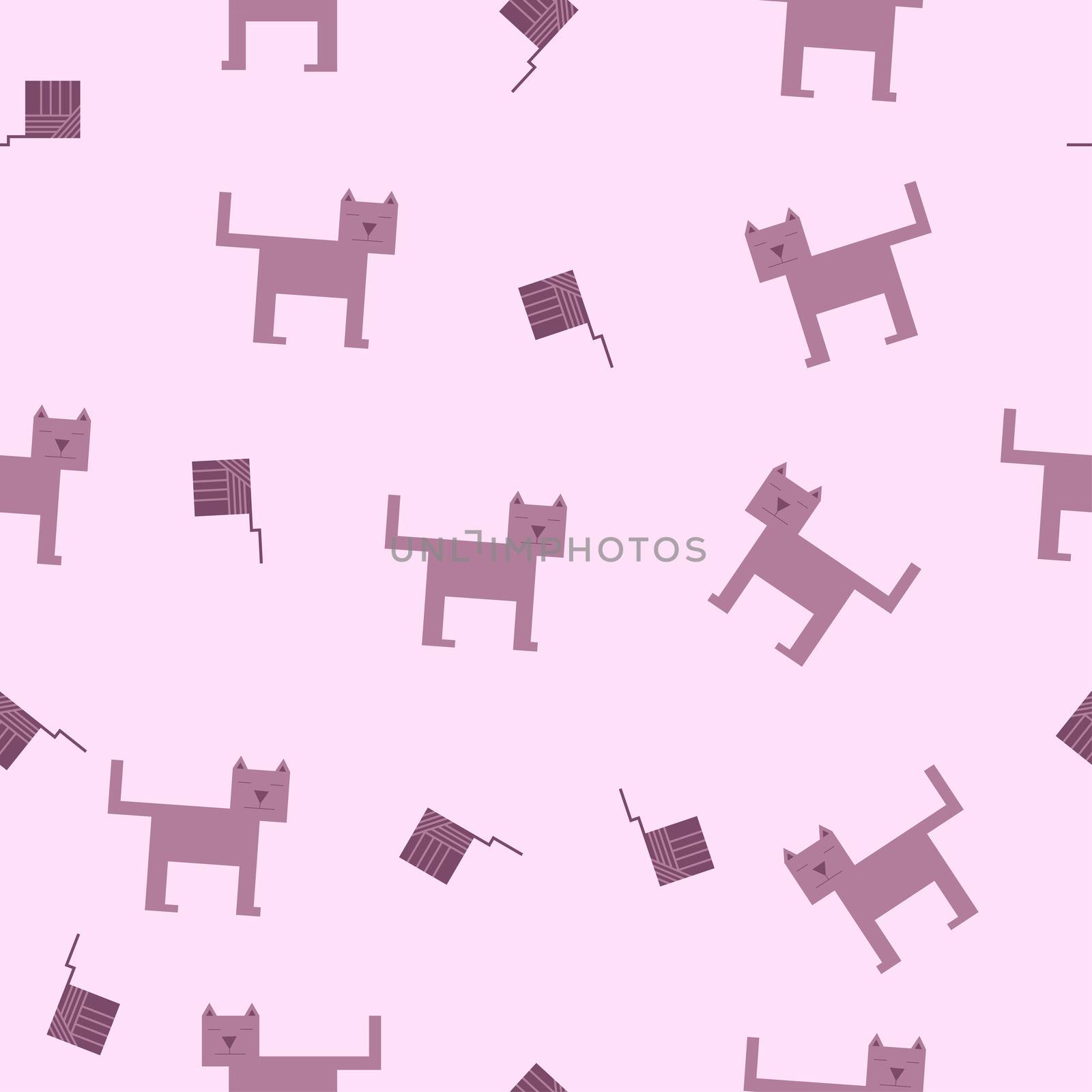 seamless pattern of cubic cat and square ball of wool.