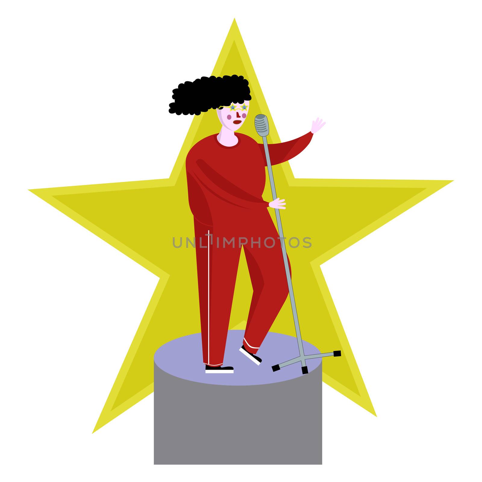 a singer in a tracksuit sings on stage and holds a microwon. illustration in cartoon flat style by zaryov