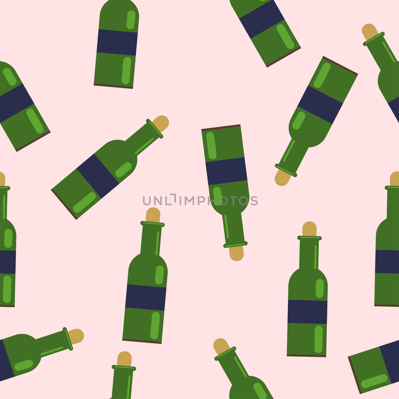 seamless pattern from green bottles. with grape wine. illustration in flat style.