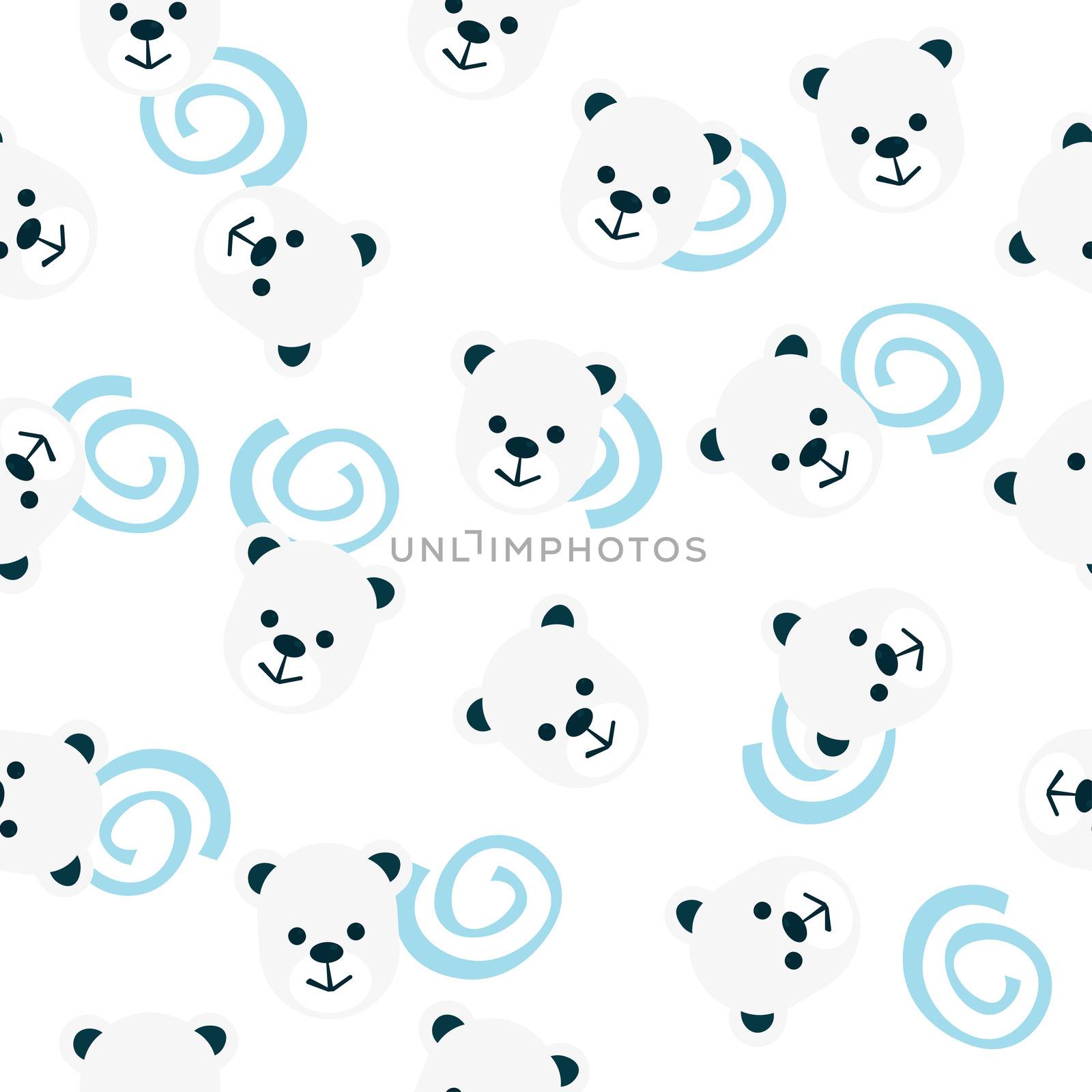 seamless pattern of bear heads and blue spirals.