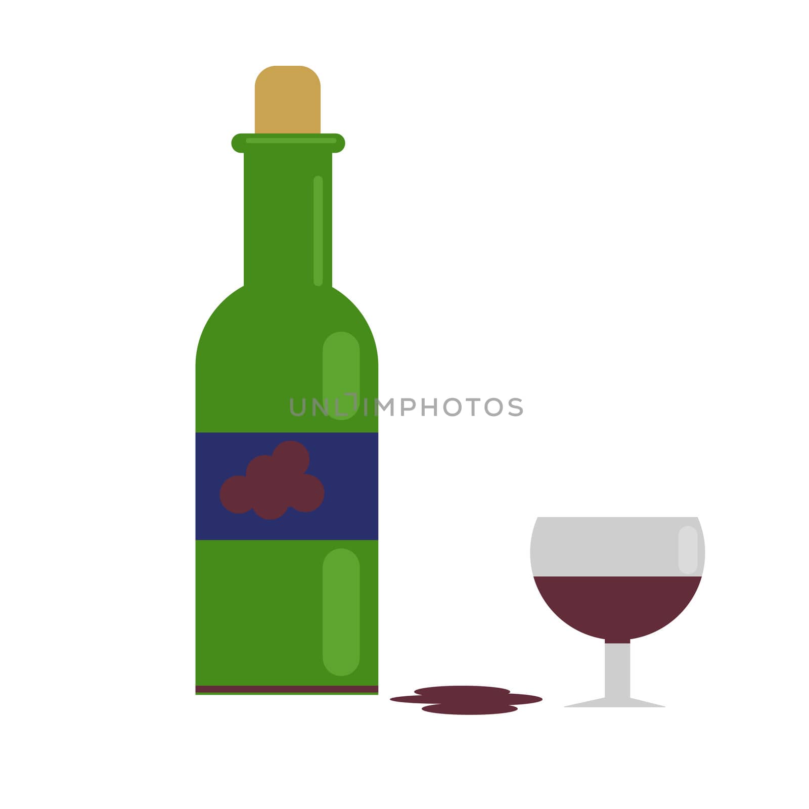 a wine and a green bottle. with grape wine. illustration in flat style.