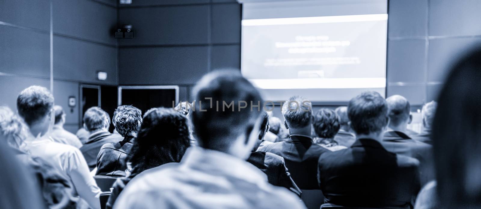 Business and entrepreneurship symposium. Speaker giving a talk at business meeting. Audience in conference hall. Rear view of unrecognized participant in audience.