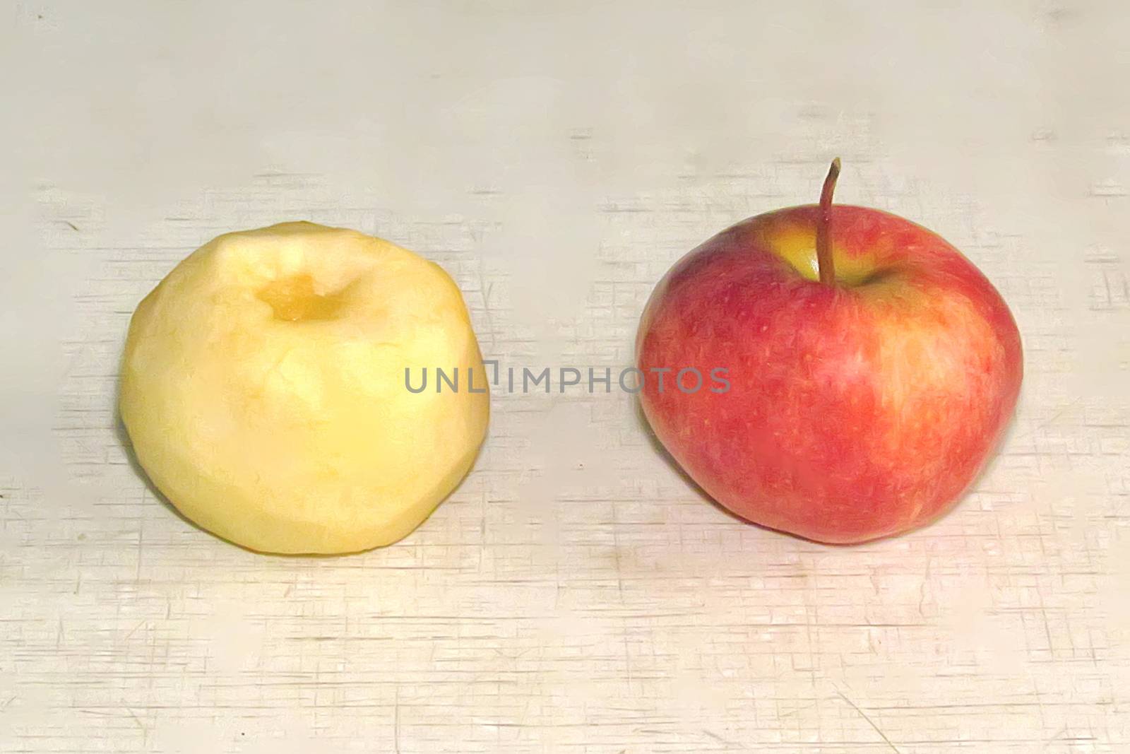  the apple without a peel the apple with a peel on the table by Grishakov