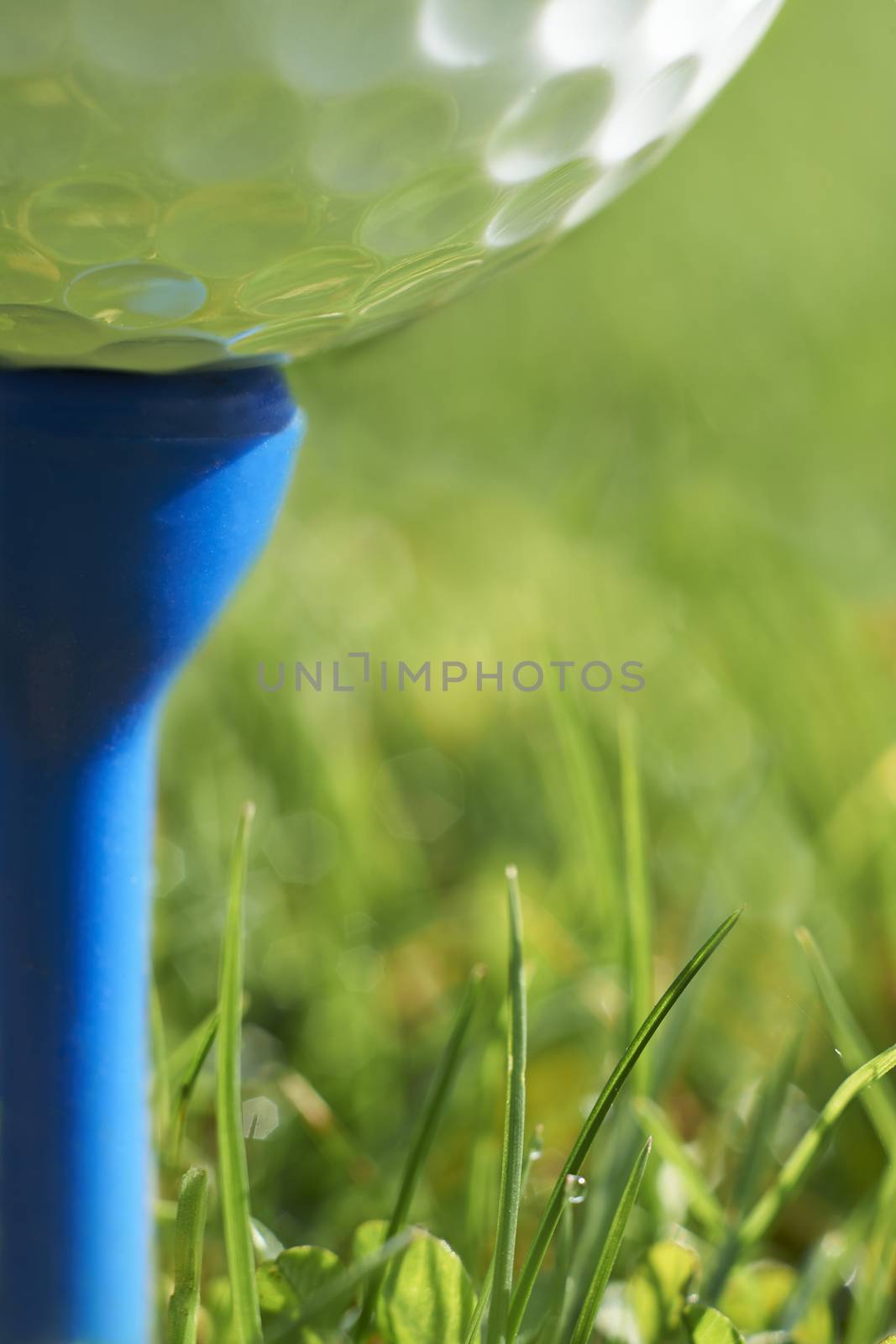 Close-up of golf ball resting on blue tee with grass and space for copy