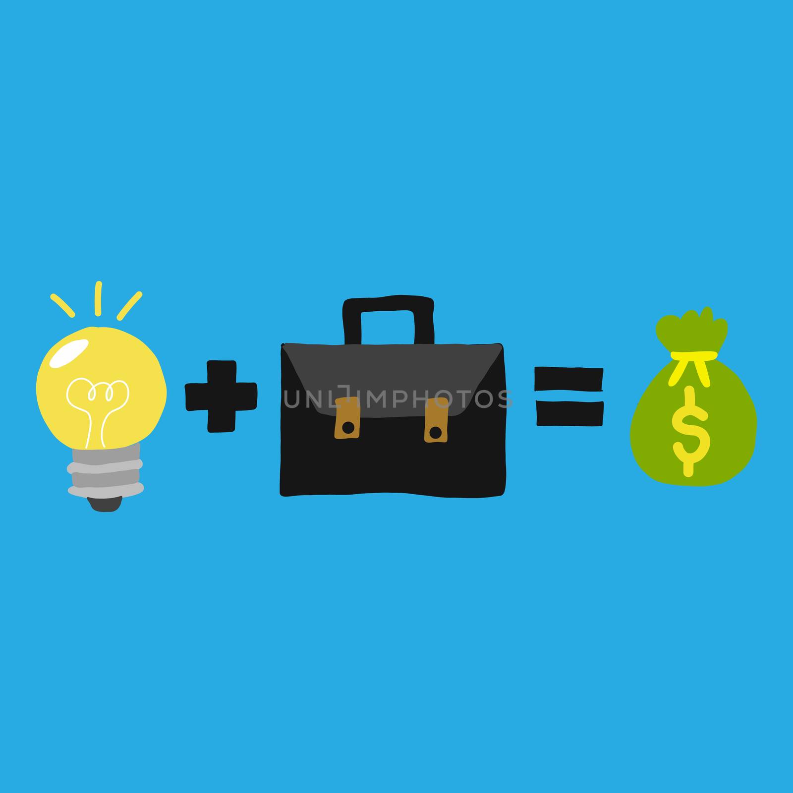 Idea and work hard to make money. Yellow light bulb with black plus and black business bag and green money bag on a blue background. by iiinuthiii