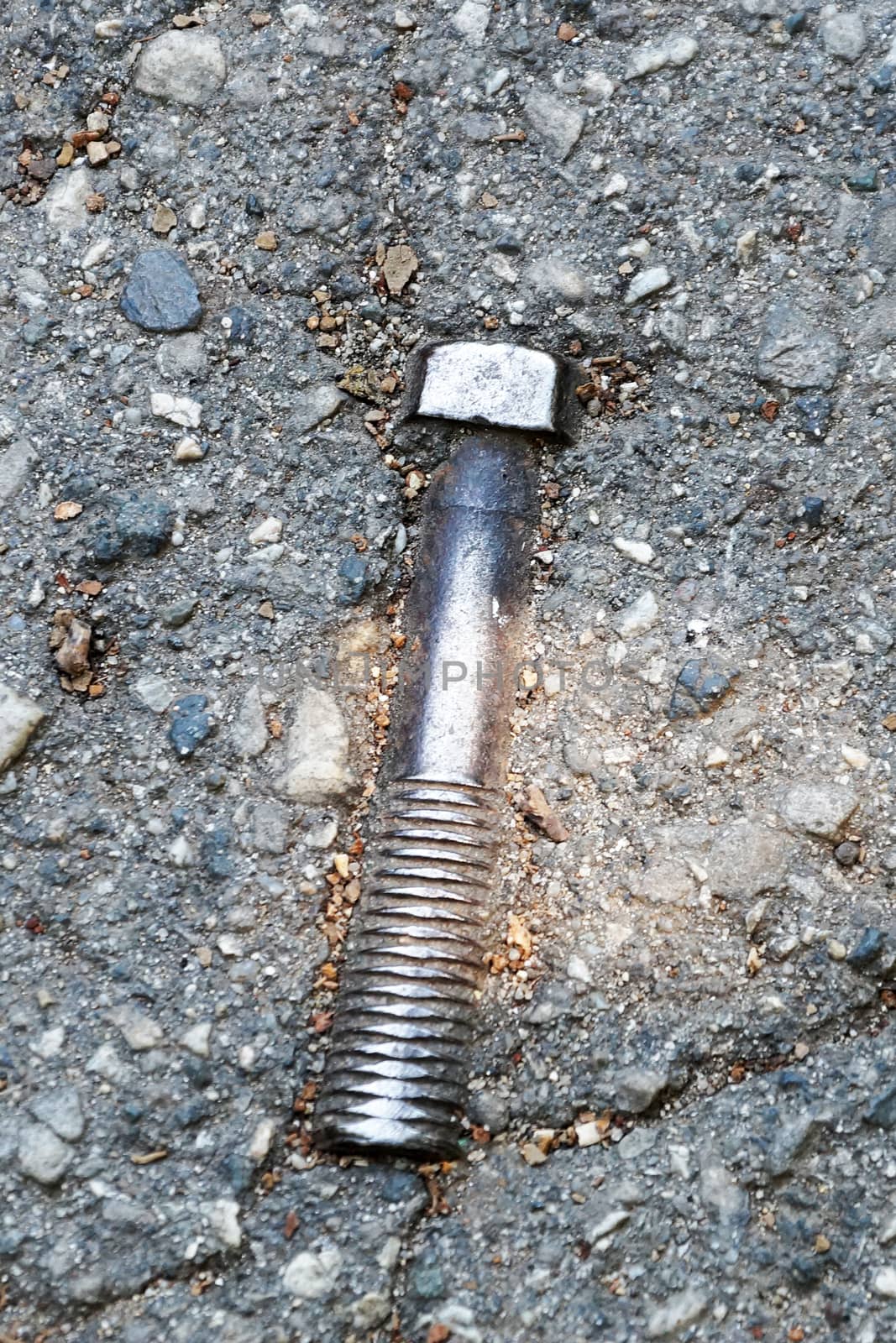 metal bolt in the asphalt on the road close up