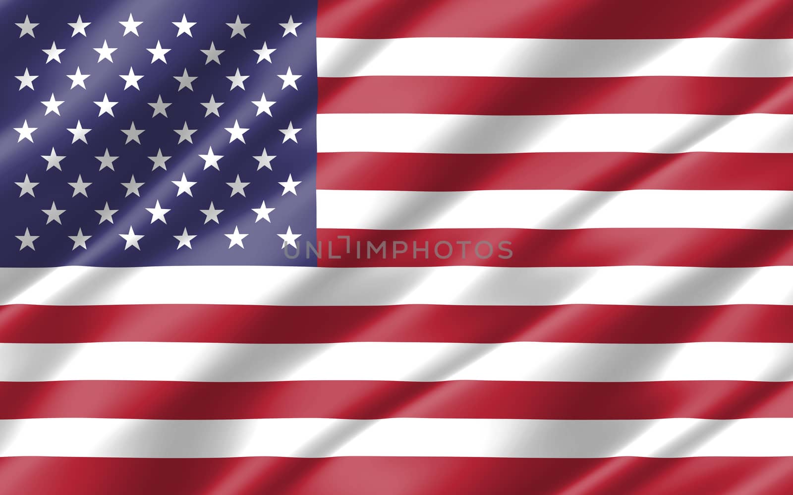 Silk wavy flag of USA graphic. Wavy American flag 3D illustration. Rippled USA country flag is a symbol of freedom, patriotism and independence.