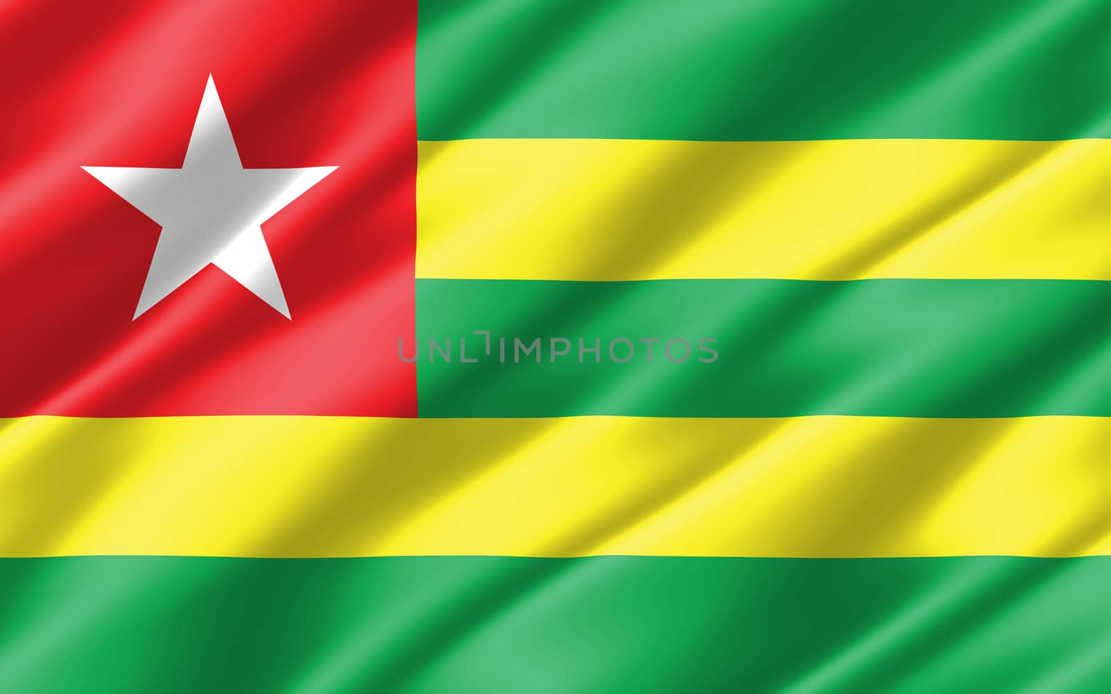 Silk wavy flag of Togo graphic. Wavy Togolese flag 3D illustration. Rippled Togo country flag is a symbol of freedom, patriotism and independence. by Skylark