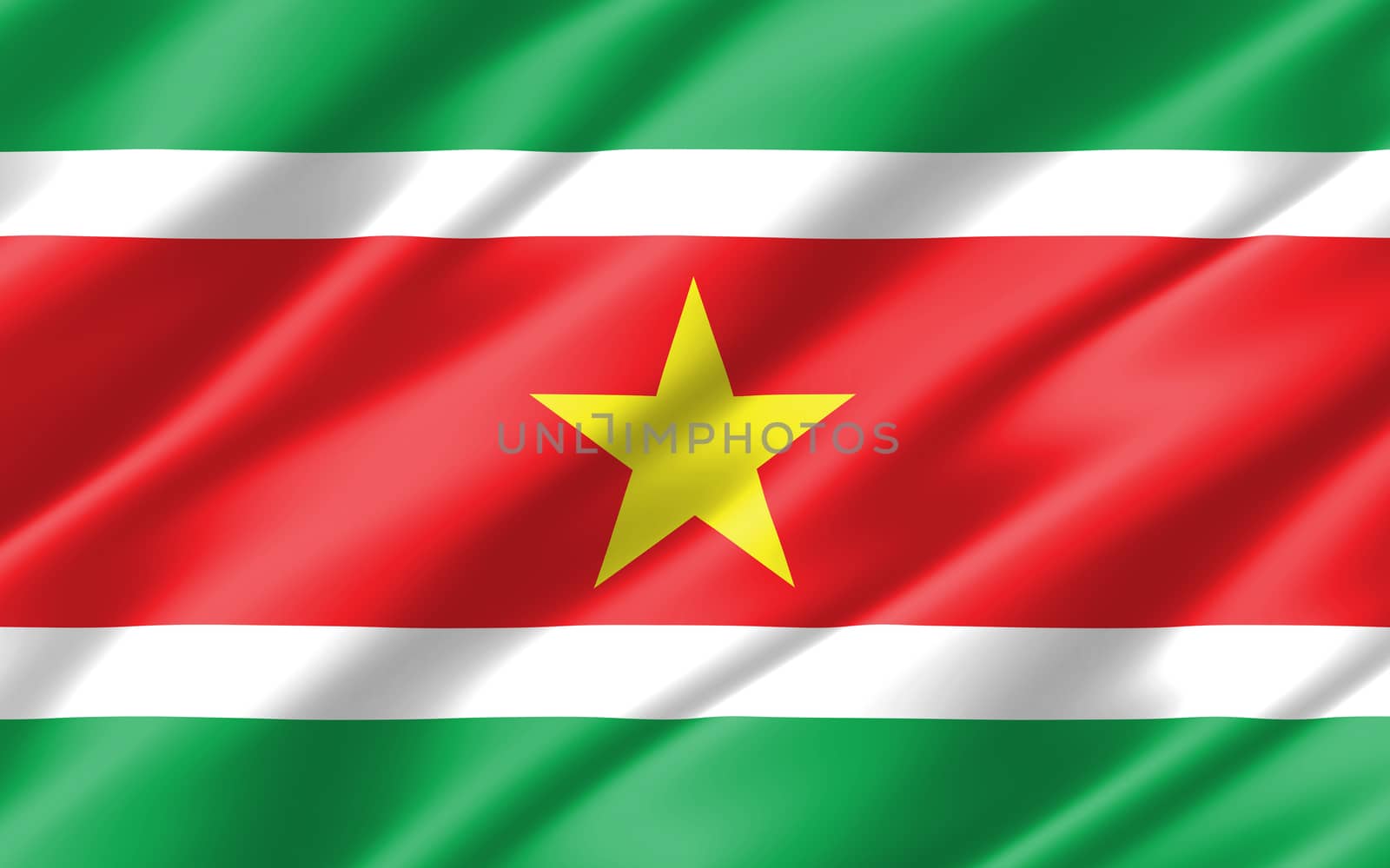 Silk wavy flag of Suriname graphic. Wavy Surinamese flag 3D illustration. Rippled Suriname country flag is a symbol of freedom, patriotism and independence. by Skylark